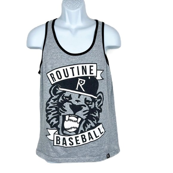 Routine Baseball Tank Top Men Medium Grey Ringer Tiger Print Sleeveless Shirt - Picture 1 of 8